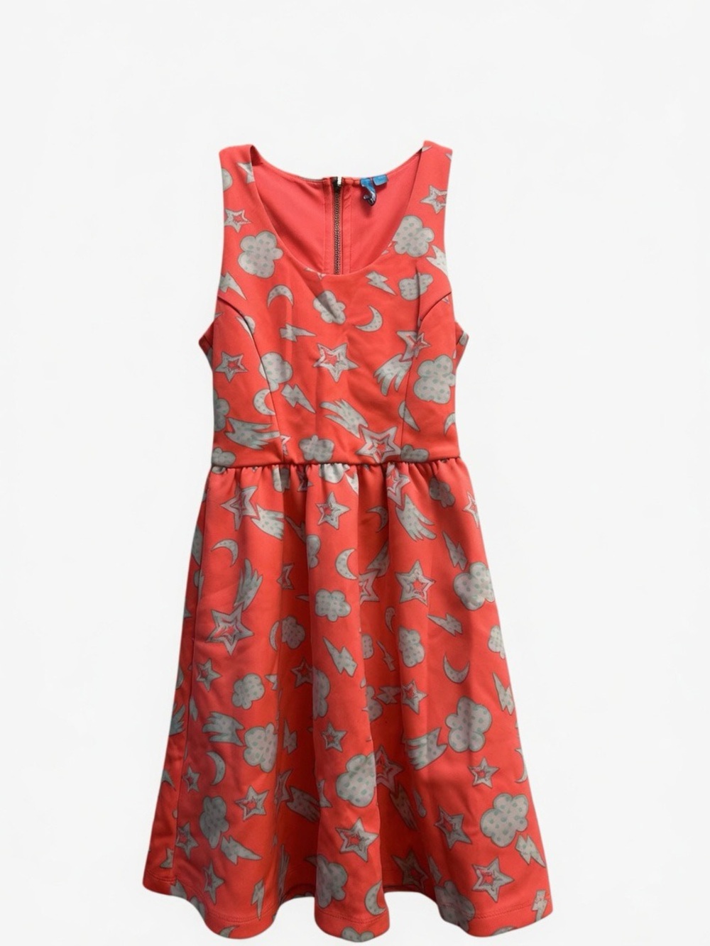 Coral Star & Moon Print Sleeveless Fit-and-Flare Dress